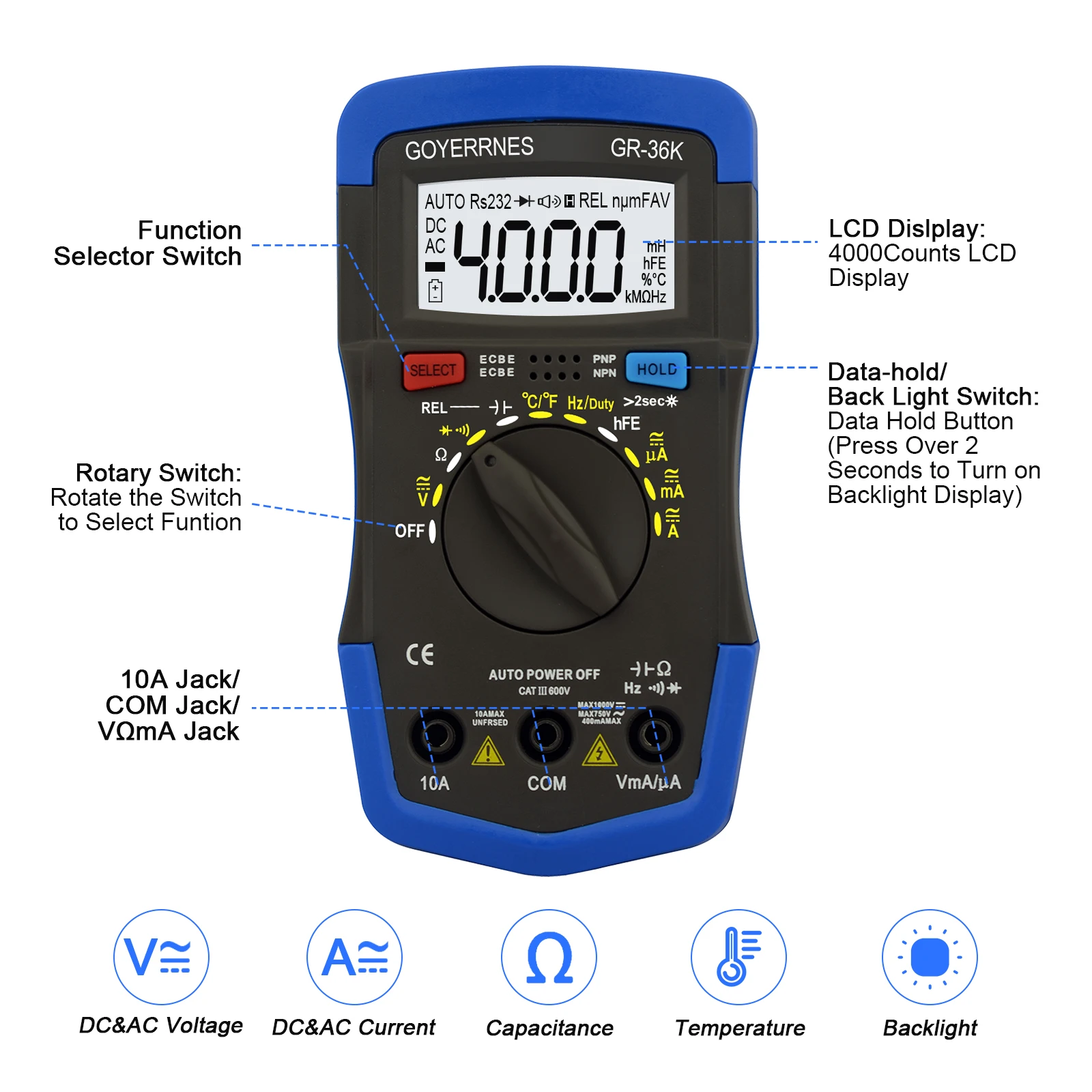36K Professional Digital Multimeter, 4000 Counts AC/DC Voltage Current Tester with Temperature & Capacitance Measurement