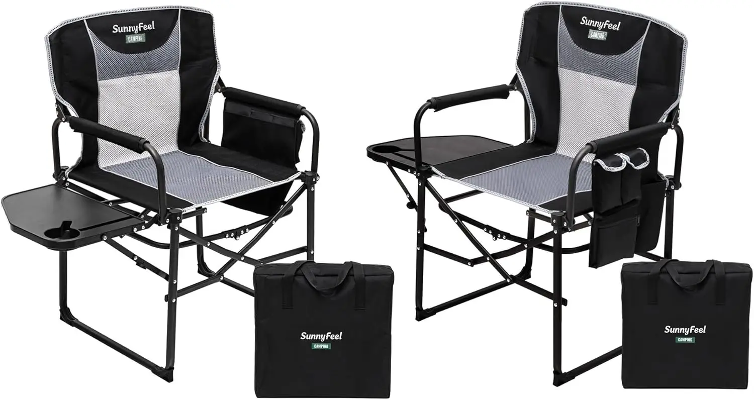 Oversized Camping Directors Chair 2 Pack, Portable Folding Lawn Chairs for Adults Heavy Duty with Side Table,Pocket