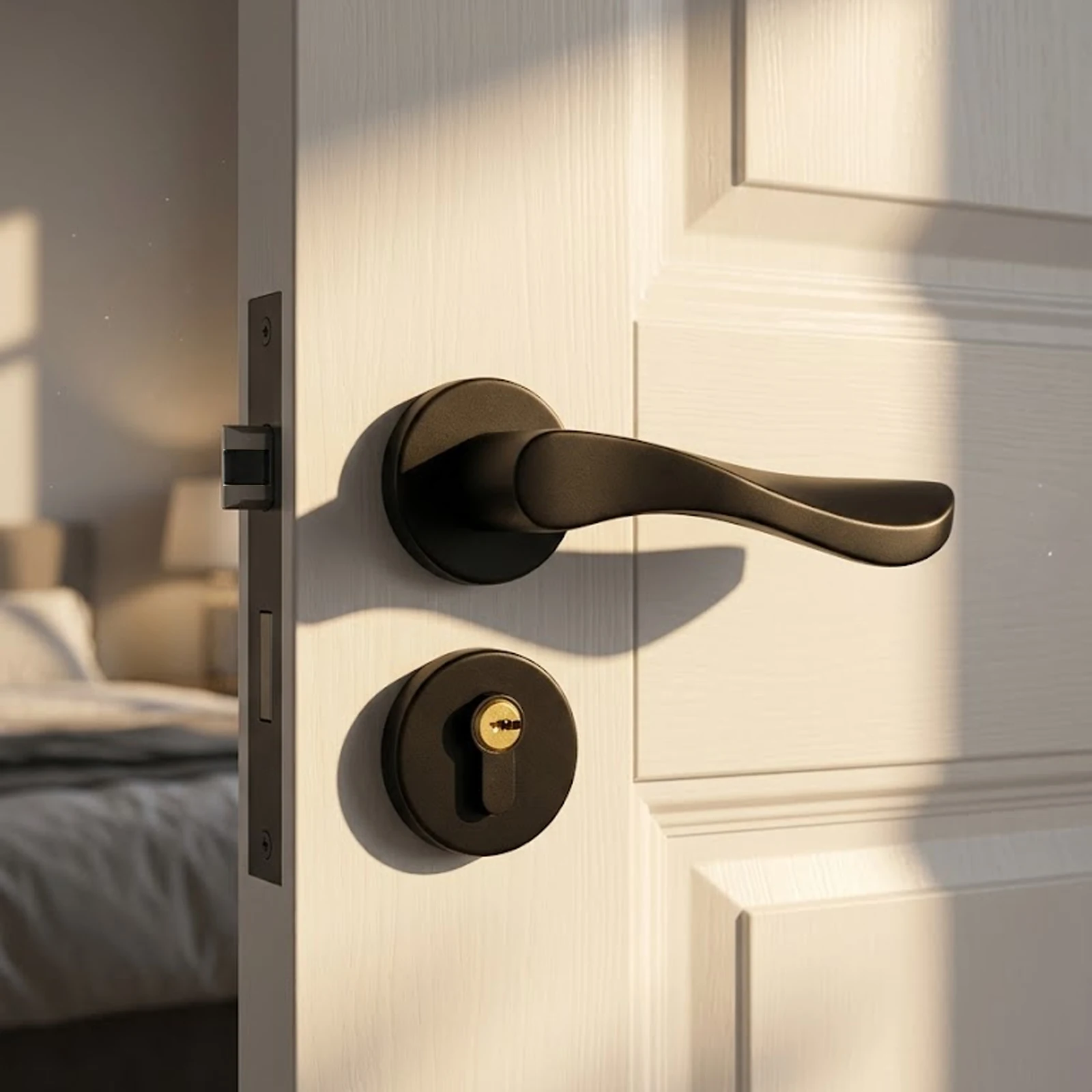 

Матовая черная дверная ручка для межкомнатных дверей, современный минималистичный дизайн, эргономичная S-образная форма, бесшумная, с функцией приватности, комплект фурнитуры для спальни