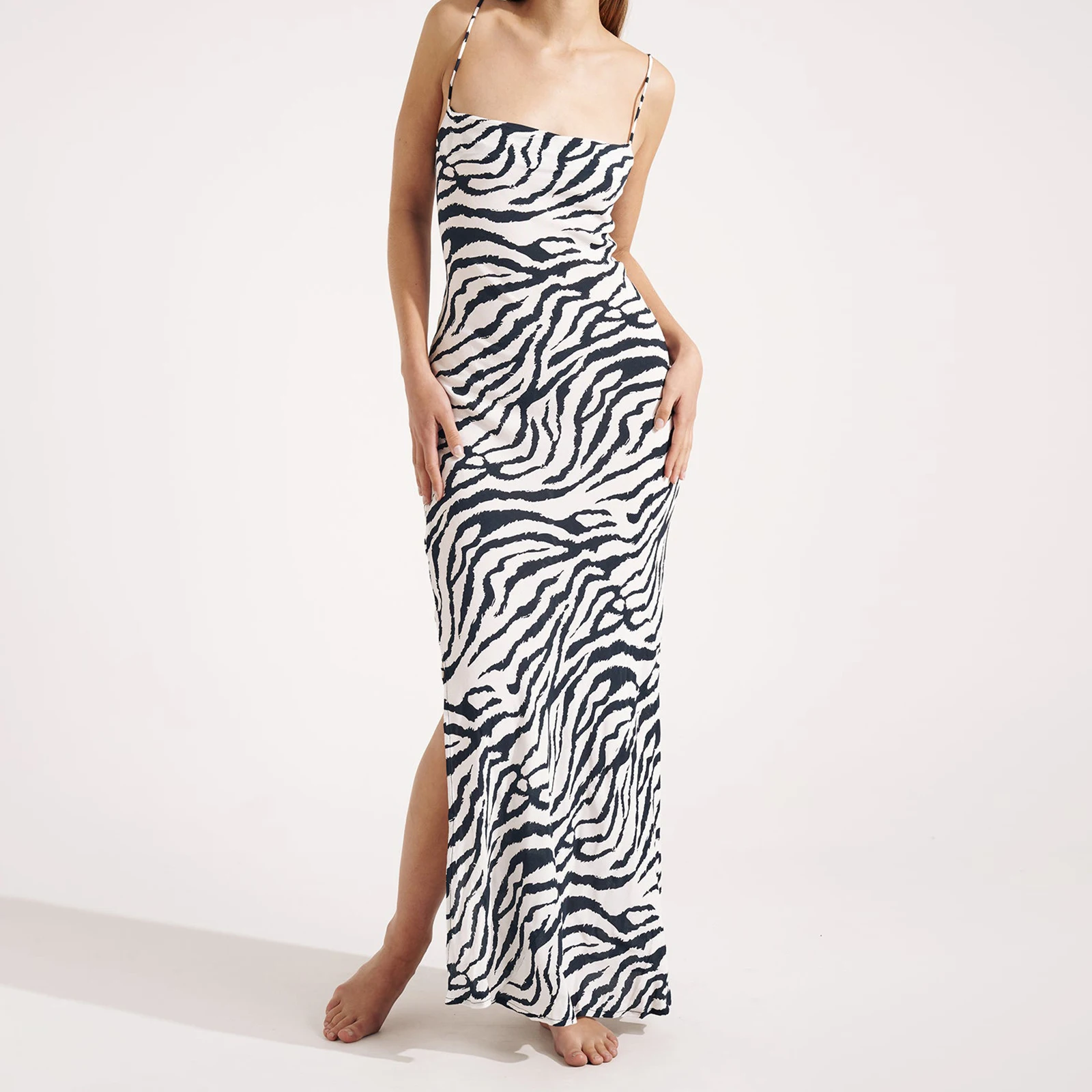 Abito sottoveste da donna con stampa zebrata, senza maniche, con fasciatura incrociata, senza schienale, costume da bagno estivo, vestito estivo lungo con spacco alto