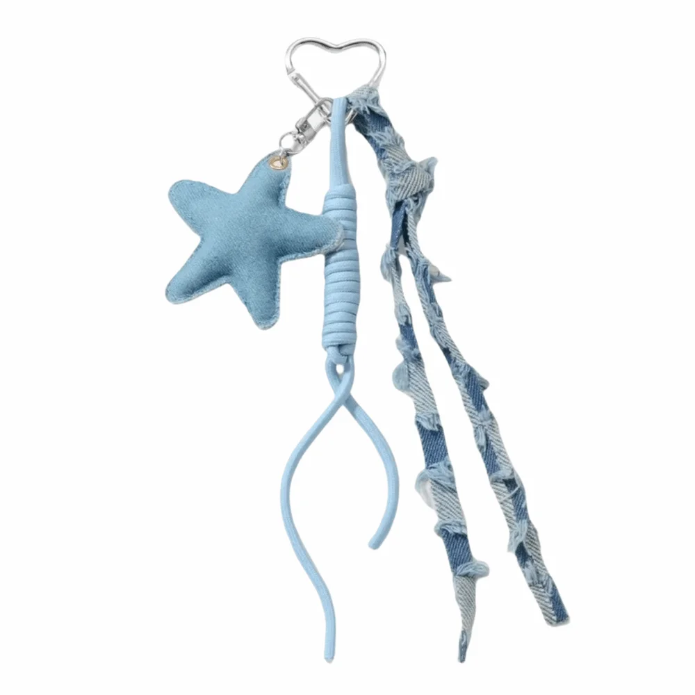 Distressed Frayed Denim Keychain Star Heart Pendant Denim Style Bag Pendant Ribbon Pearl Tassel Bag Charm for Women Ladies Bag