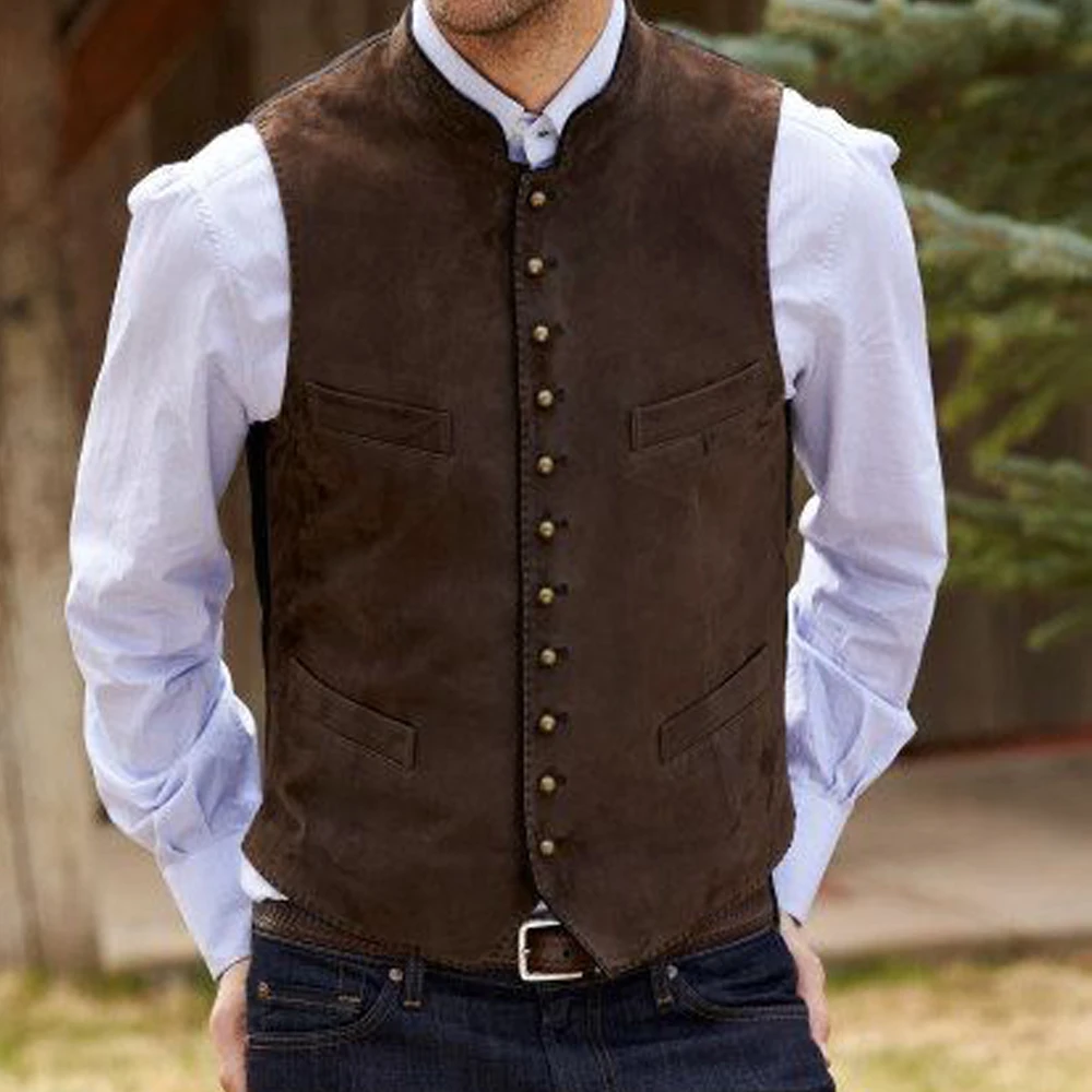 2024 outono e inverno novo colete de camurça cor sólida casual único breasted colete masculino casual coletes terno masculino weste steampunk gilet