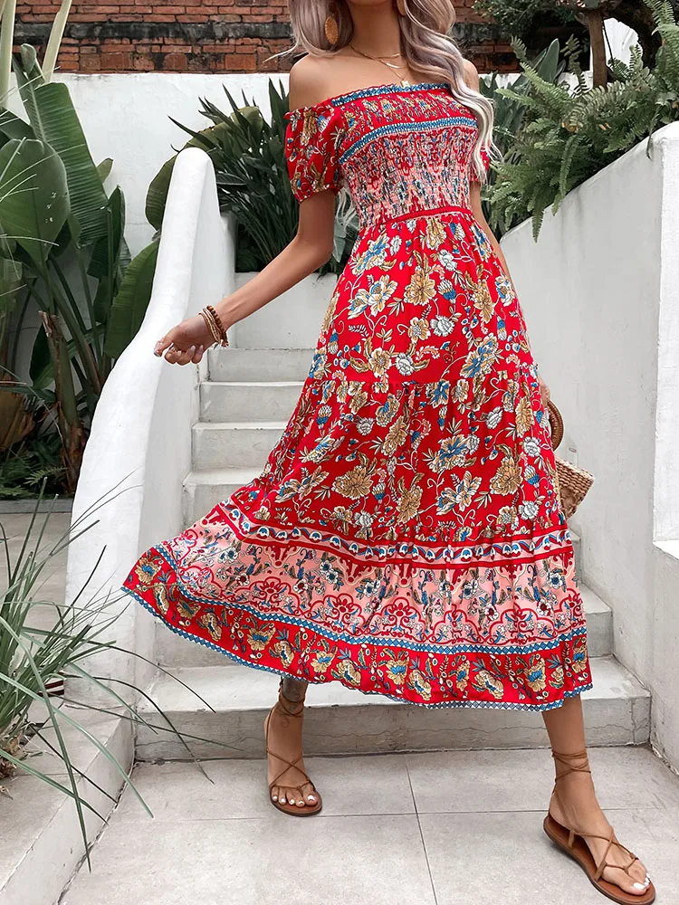 JIM & NORA Women Boho Print Midi Dresses Summer Vintage Bohemian Short Sleeve Female Beach Holiday Party Vestidos