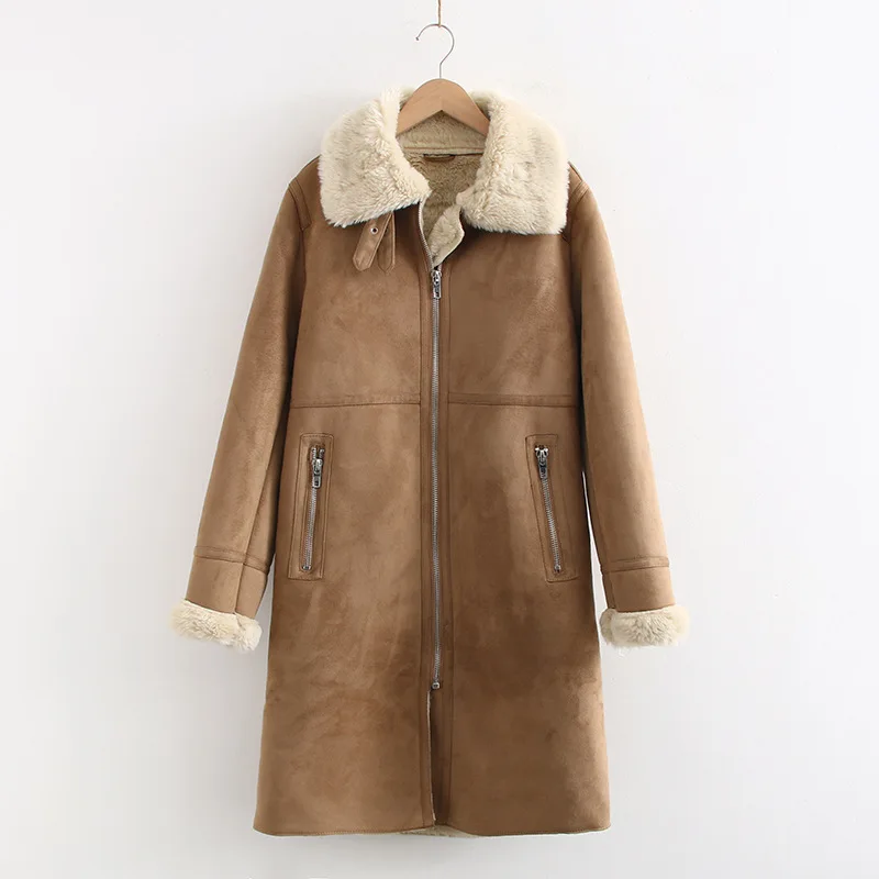 Winter Thick Warm Long Suede Jacket Parka Trench Faux Shearling Sheepskin Leather Lamb Fur Coat Vintage Female Overcoat Outwear