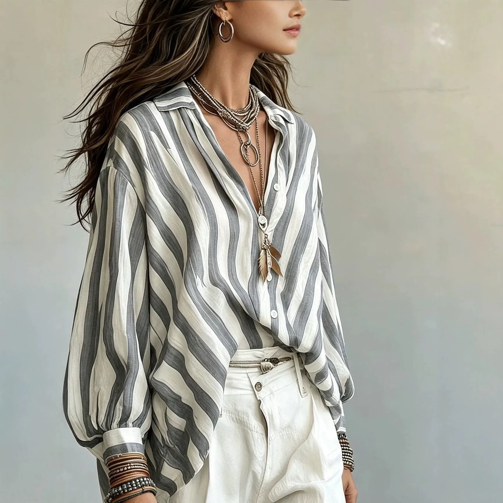 Striped Long Sleeve Shirt Regular Fit Ol Commute with Button Front Printed V Neck Plaid No Stretch Casual Spring Women Blouse