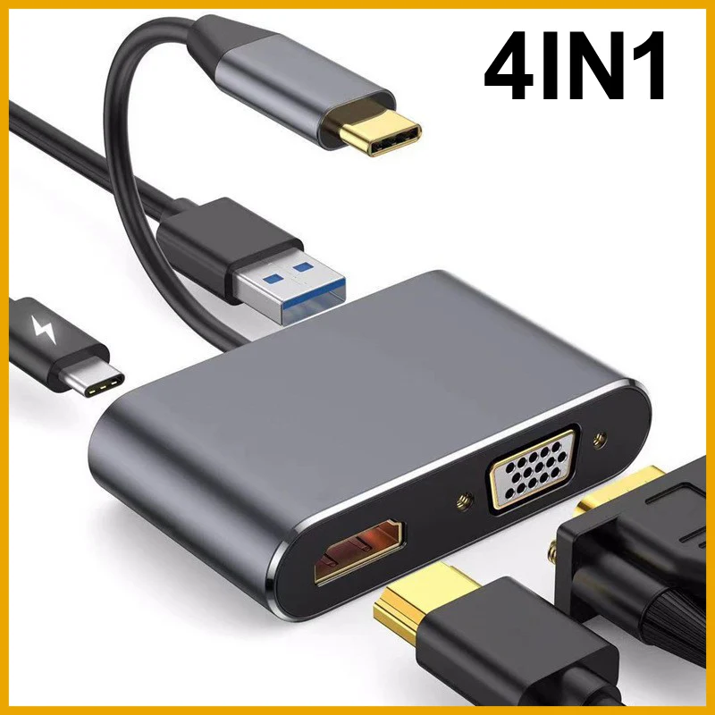 4 in 1 USB C Hub Multiport Adapter Docking Station Type C to 4K HDTV VGA 100W PD Fast Charge Splitter for MacBook Pro/Air Laptop