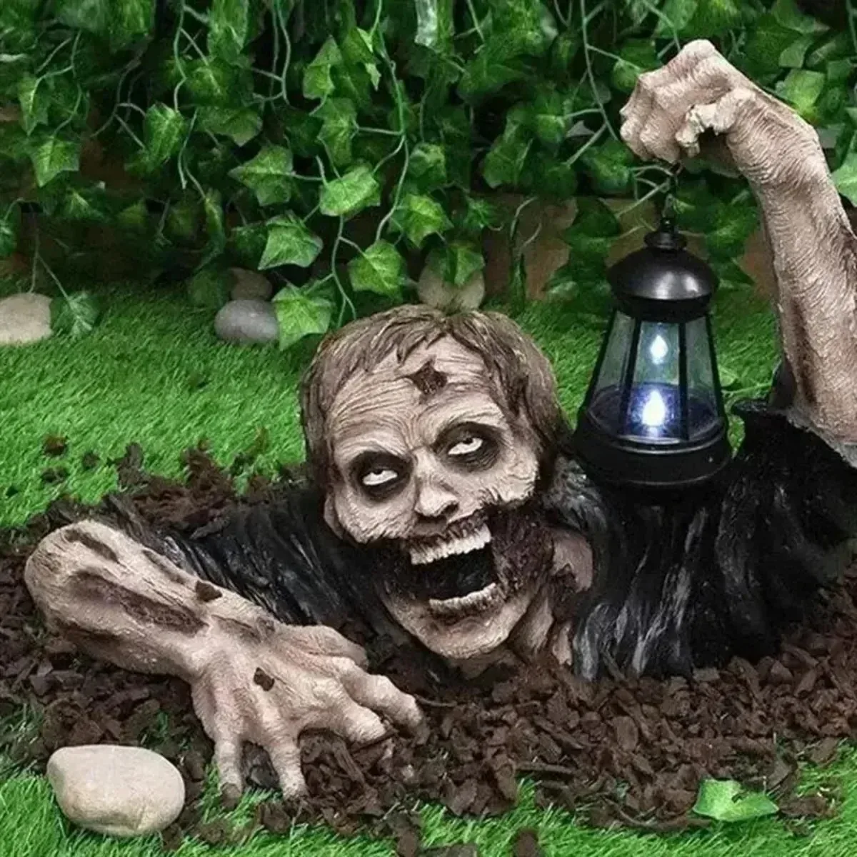 LED Zombie Lantern Halloween Crawling Horror Decor Scary Holding Lantern Zombie Outdoor Figurine Light Yard Lawn Garden Decorate