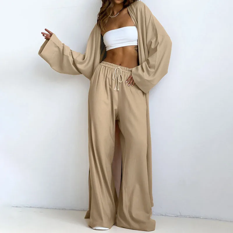 

Casual fashion suit new solid color loose cardigan robe wide-leg pants high-end two-piece club clothing Vestidos