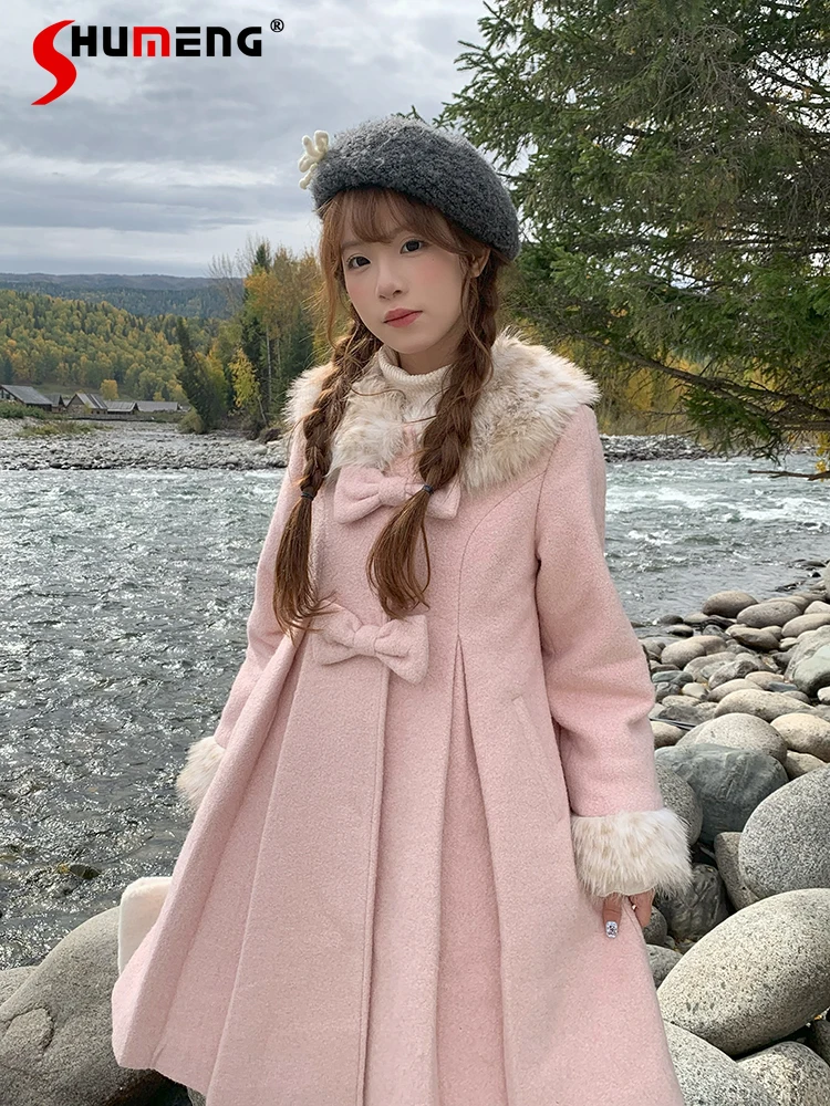 

Japanese Style Sweet Elegant Mori Girl Fur Collar Bow Single-Breasted Long Sleeve Pink Wool Coats for Women Winter Long Jackets