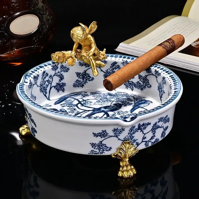 Large diameter ashtray ceramic inlaid copper classical pattern base CLG-23EP18