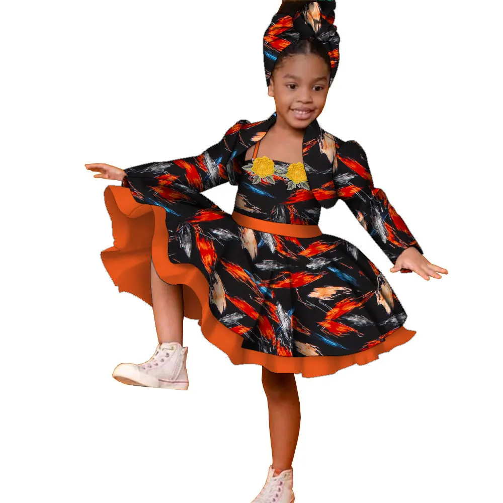 3pcs Set African Kids Gril Dashiki Dress Coat and Headtie Suits Africa Print Party Dresses Children Summer Clothes WYT723