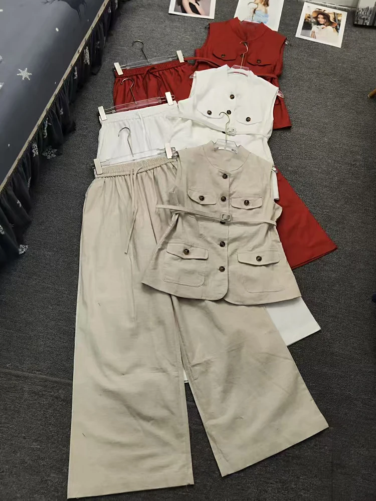 

2025 Summer Women's Retro workwear Pocket Strap Waist Vest Two Piece Set+Elastic Waist Loose Wide Leg Pants Fashion Set