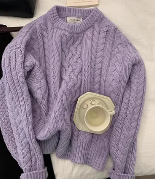 

Пуловер женский однотонный вязаный свитер в форме закрутки модный трикотаж с круглым вырезом и длинными рукавами Топ осенне-зимние свитера