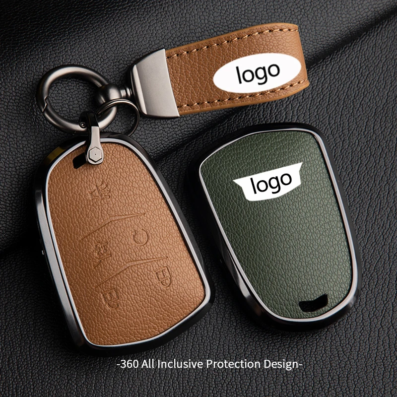 Untuk Cadillac ATS CT6 CTS DTS XT5 XT6 ESV SRX STS XTS ELR casing penutup kunci mobil pintar kulit Aloi aluminium gantungan kunci Fob