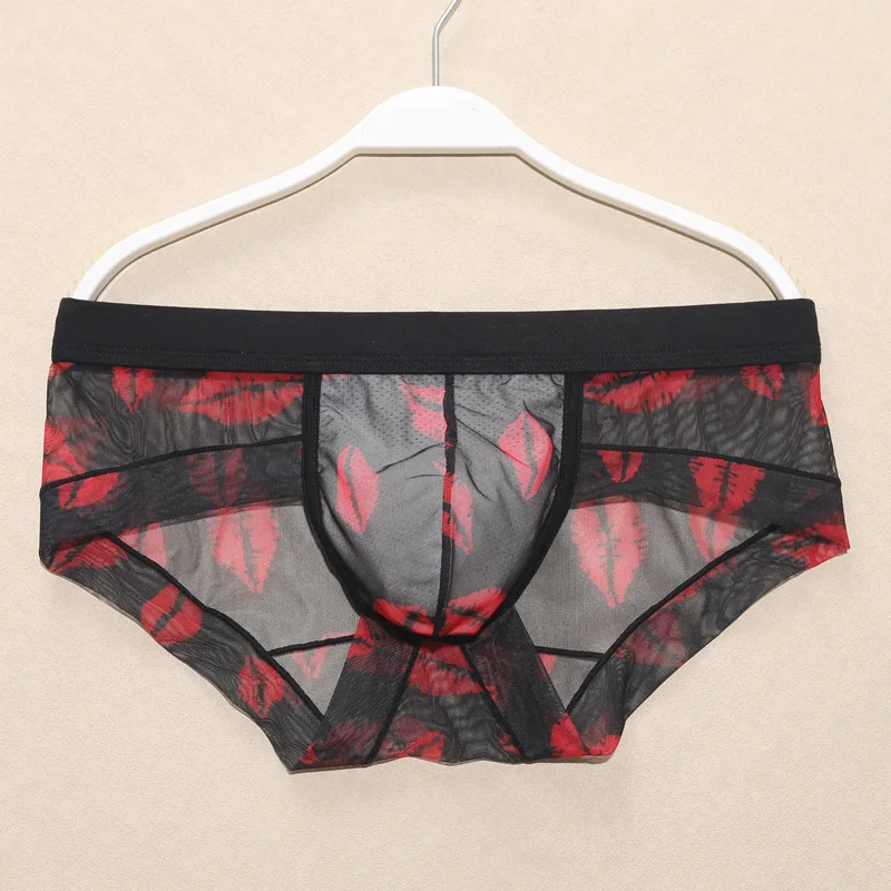 Sissy Transparent Underwear Men\'s U Convex Pouch Brief Sexy Summer Screen Printed Shorts Panties for Youth Breathable Underpants