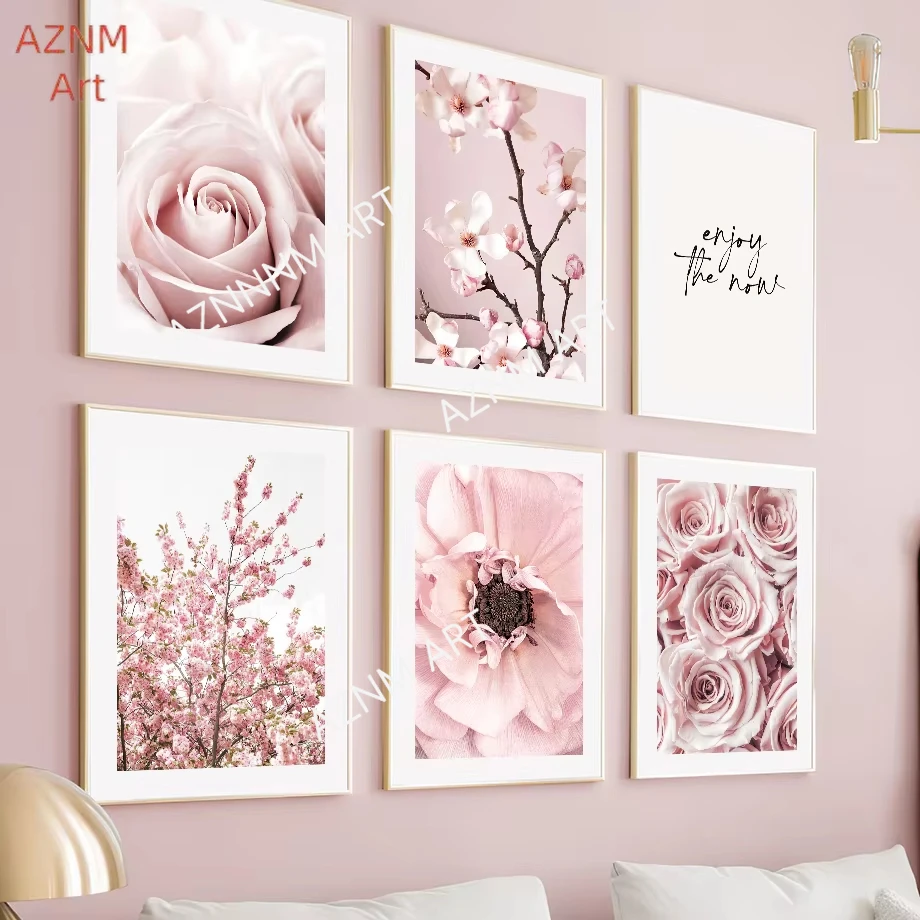 1Pc_6Pcs Pink Ballet Girl Cherry Blossom Rose Peony Flower Canvas Painting Poster And Prints Wall Art For Living Room Home Decor
