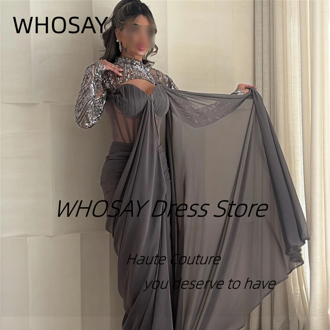 WHOSAY Saudi Arabia Prom Dresses Sequins Long Sleeves Special Occasion Dress Ruched Side Slit Evening Party Gowns Customized