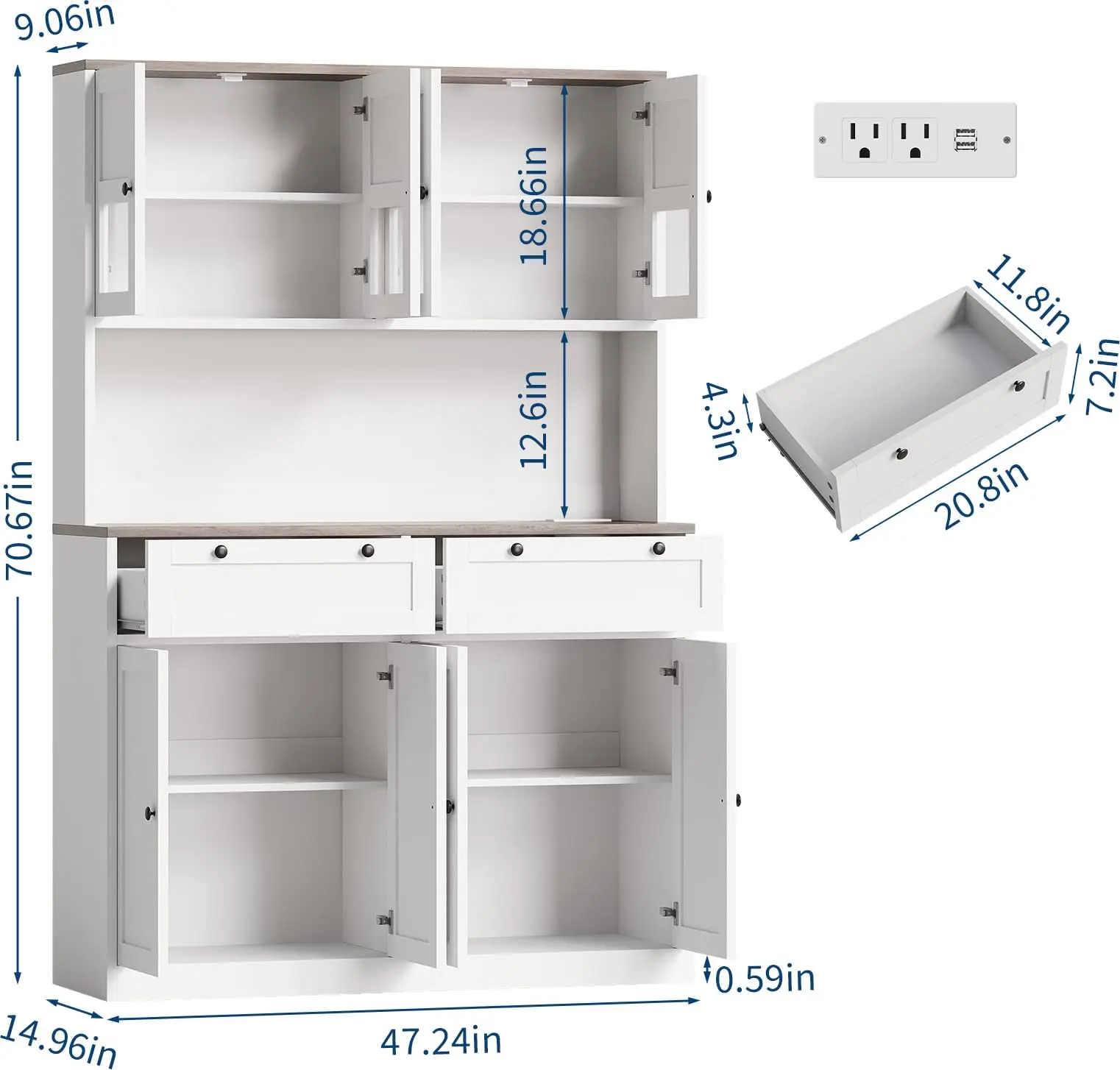 71” Tall Pantry Cabinet with Charging Station, Kitchen Storage Cabinet with Microwave Stand, Large Food Pantry Storage Cabinet with Drawers for Dining Room, Living Room, Home Use