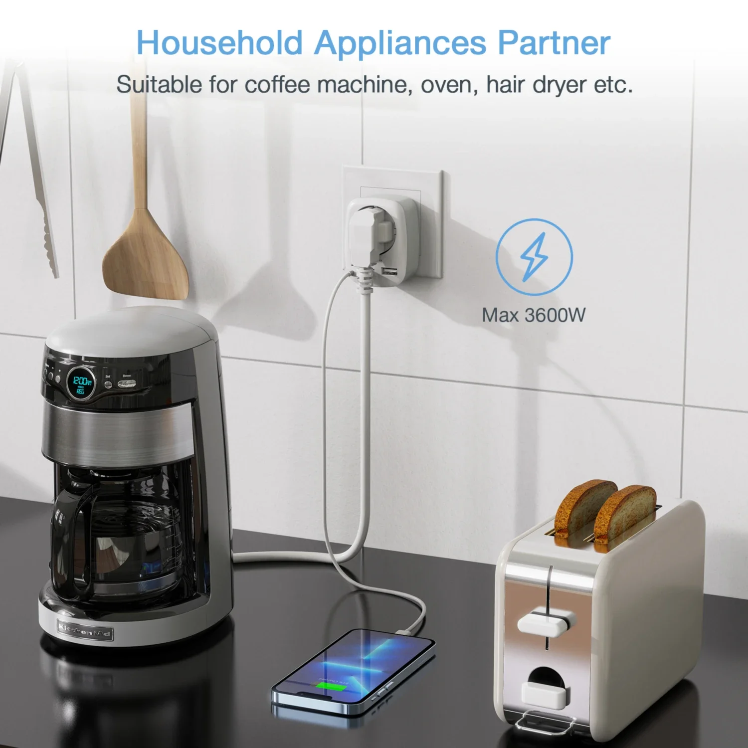 Adaptador de tomada múltipla USB TESSAN 4000W com 1 plugue Schuko e 2 portas USB A fonte de alimentação de carregamento de parede para escritório