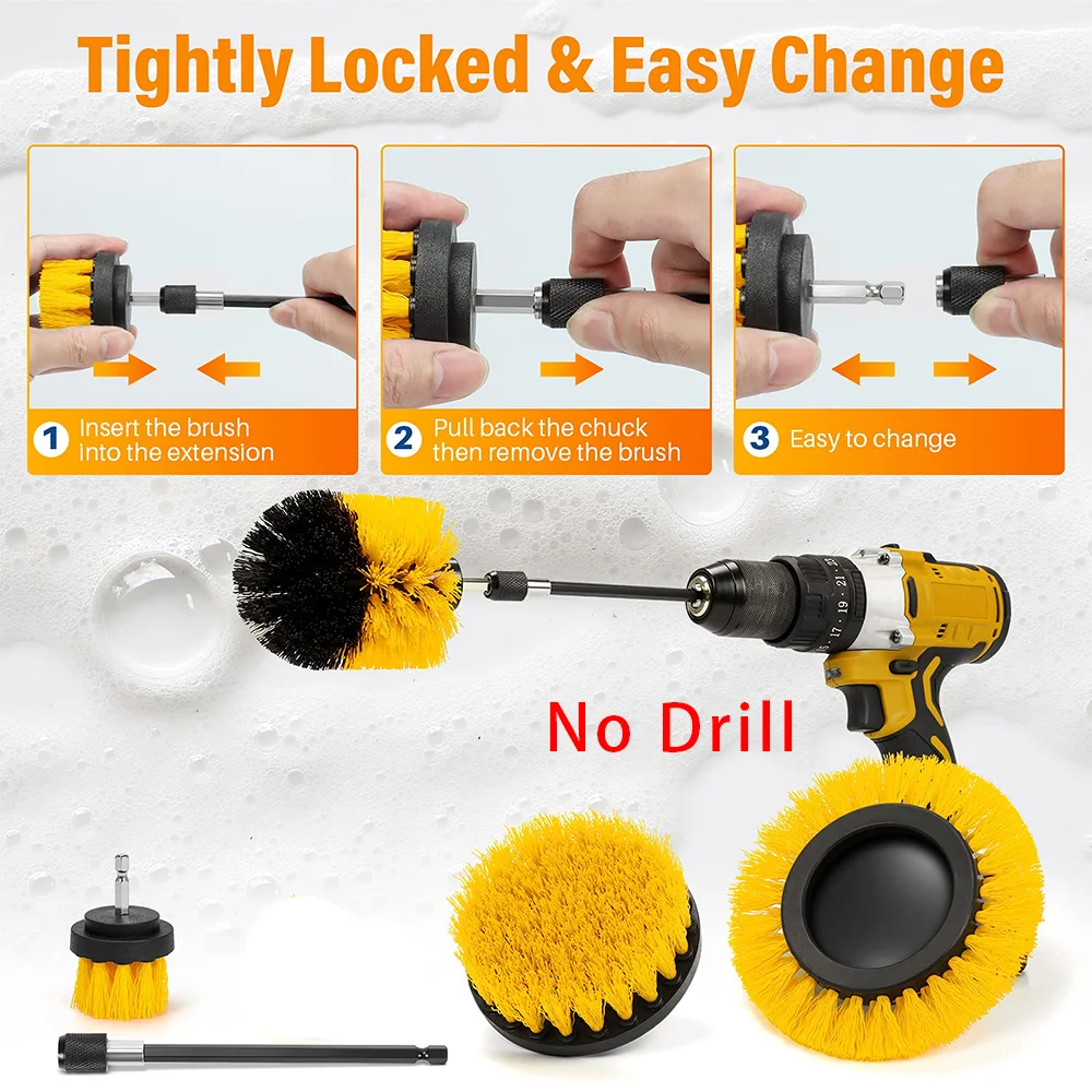 Set di accessori per spazzole gialle per trapano, 5 pezzi con spazzole estese da 2/3,5/4/5 pollici per dettagli auto, superfici del bagno, cucina, doccia