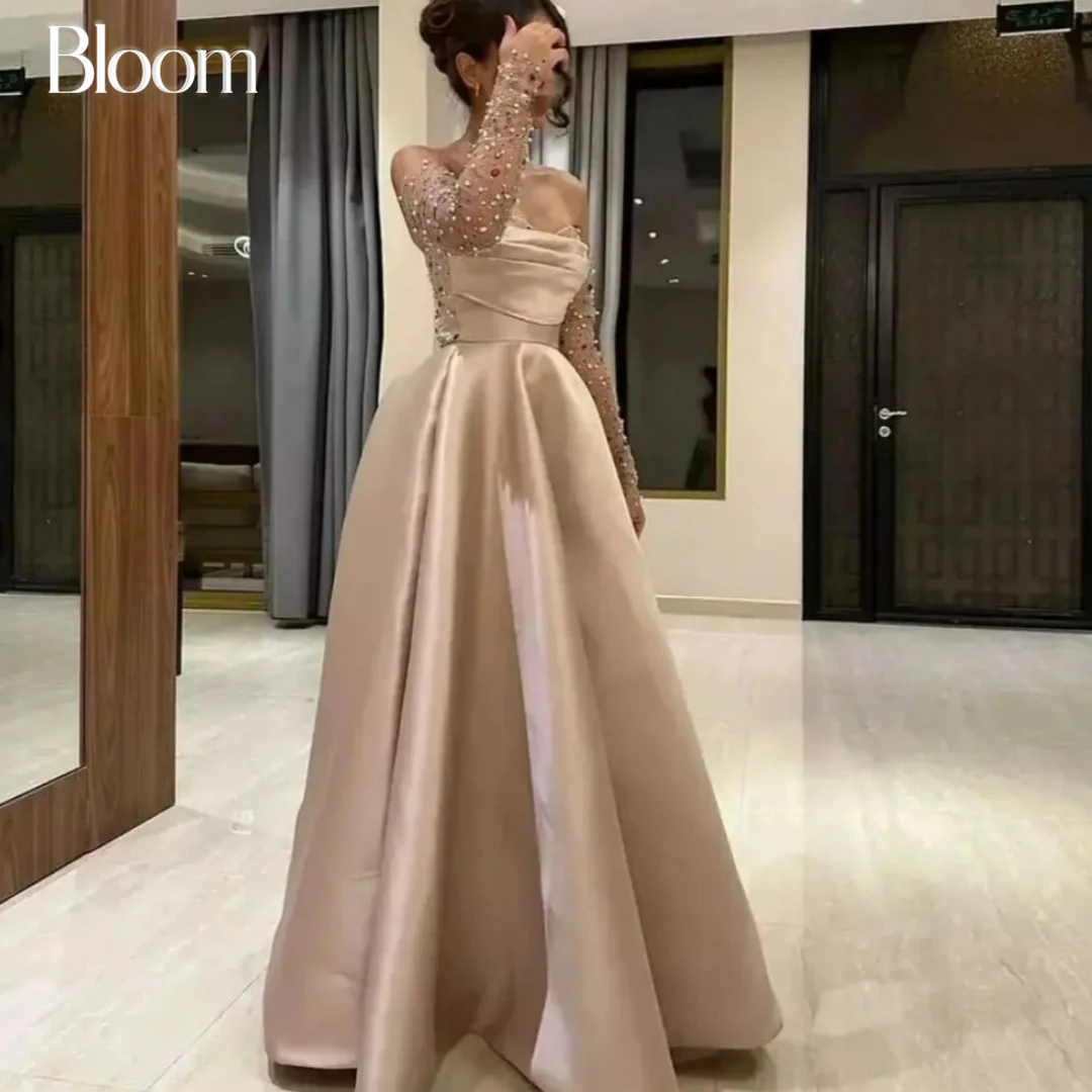 

Bloom Sweetheart Neckline Satin Evening Dresses A-line Colorful Beads Long Sleeves Formal Wedding Party Dresses For Prom