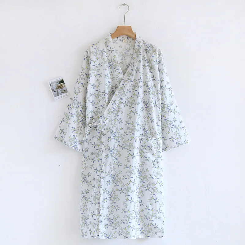 Double-layer Gauze Pure Cotton Lace-up Kimono Nightgown Women's Summer Thin Bathrobe Medium Long Sweat-steamed Pajamas