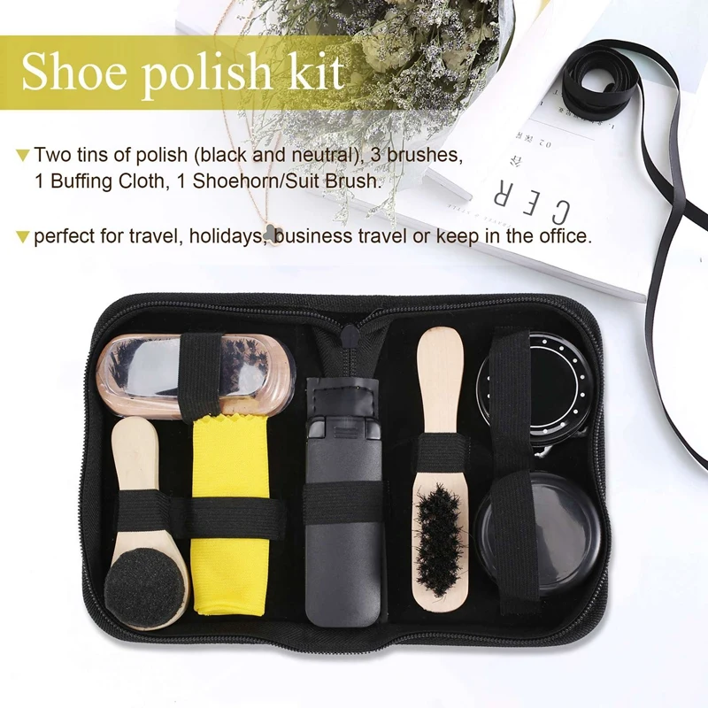 Portable Shoe Care Kit (Black & Neutral Shoe Shine Polish Oil, 3 Brushes, 1 Buffing Cloth, 1 Suit Brush, Storage Case)