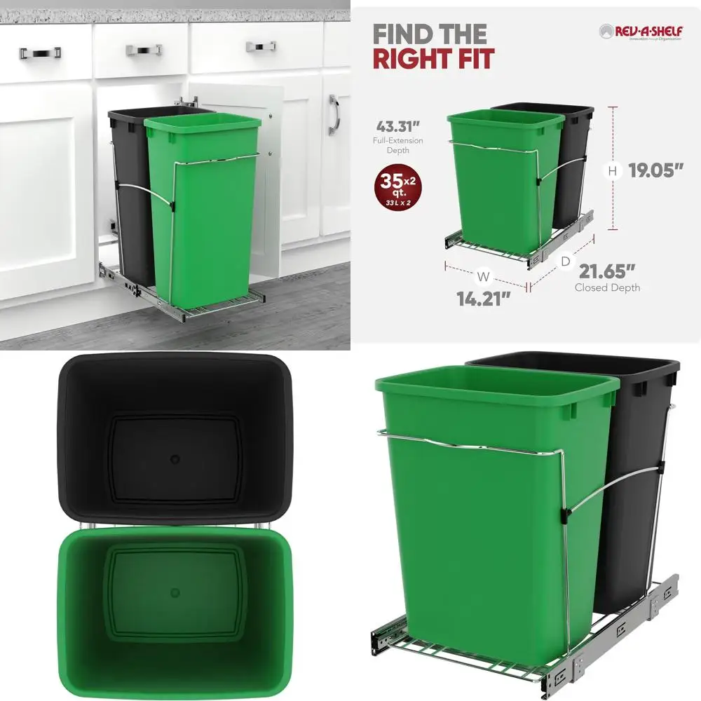 Double Pullout Trash Can, 35 Quart Recycling Bin with Green/Black Lid, on Full Slides