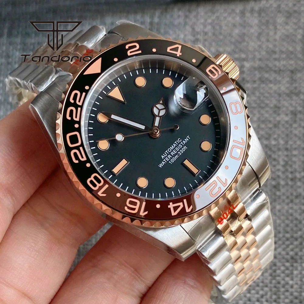 Imagem -03 - Tandorio-relógio Automático Masculino Revestido em Ouro Rosa Dois Tons Mostrador Estéril Bisel Rotativo de Cerâmica Safira Data Cristal Nh35a 40 mm