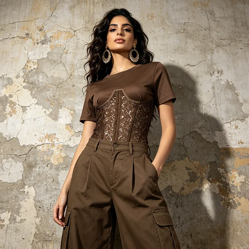 ZAMOR HIGH STREET Women's 2026 Summer New Vintage Workwear Style Round Neck Corset Boning Lace Spliced Cropped T-Shirt