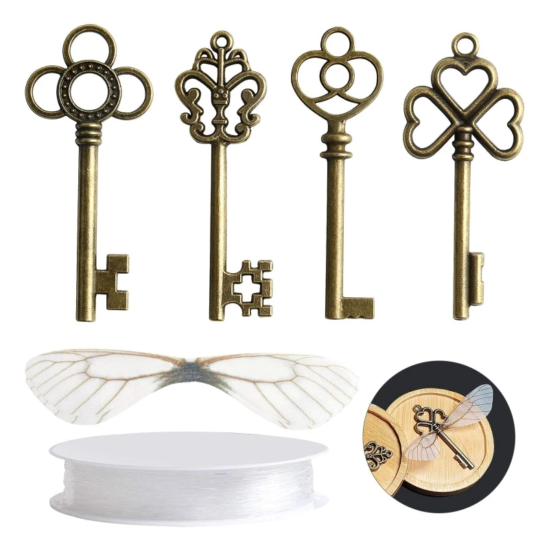 Fashion Flying Keys Charms with 28x Dragonfly Wings Exquisite Skeleton Keys for DIY Craft Jewelry Making Necklace Decor