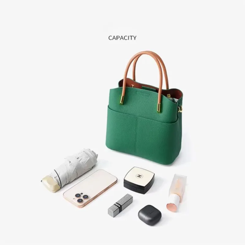 Women Genuine Leather Bucket Tote Bag, Litchi Texture Crossbody Handbag with Dual Detachable Shoulder Straps for Work Daily Use