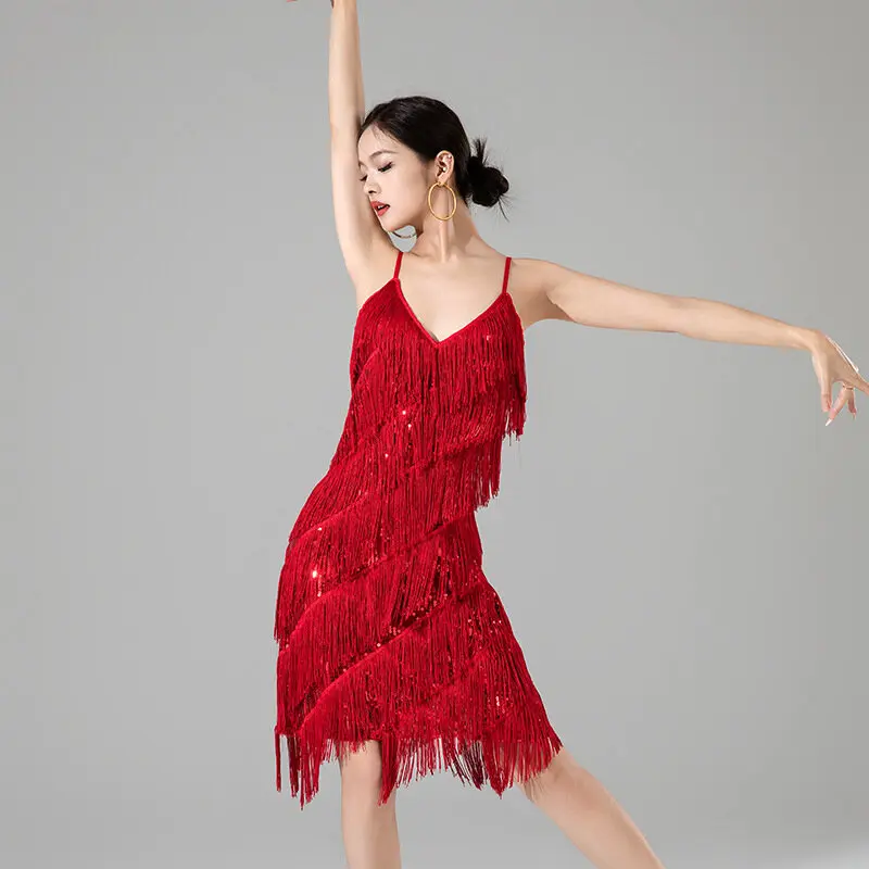 Nuevo vestido de mujer, falda de baile latino, ropa de actuación de alta gama para mujer adulta, vestido de noche con tirantes, vestido Sexy con tirantes y borlas