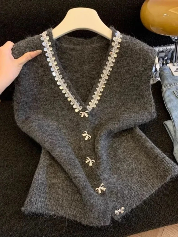 Y2k Aesthetic Beading Glitter Knitted Vest Harajuku Sweet Bow Button Grunge Waistcoat 2026 Autumn Loose Solid Cropped Camisole