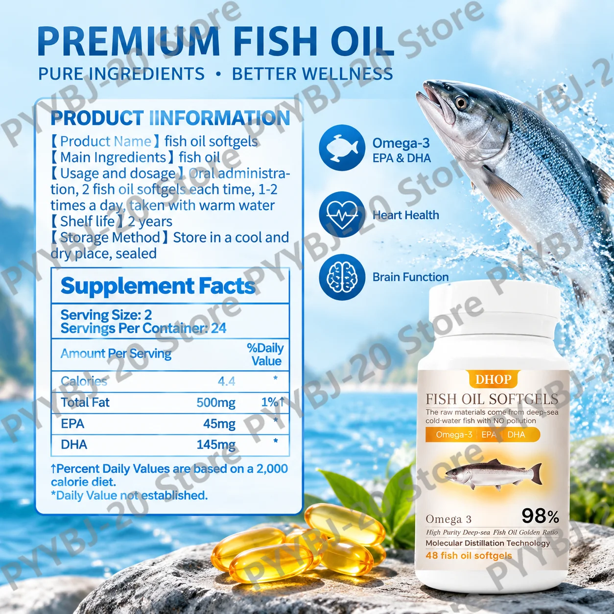 DHOP 98% High Purity Fish Oil Softgels - Omega-3 EPA DHA Supports Brain, Eye, Heart & Joint Wellness 48ct - view 5