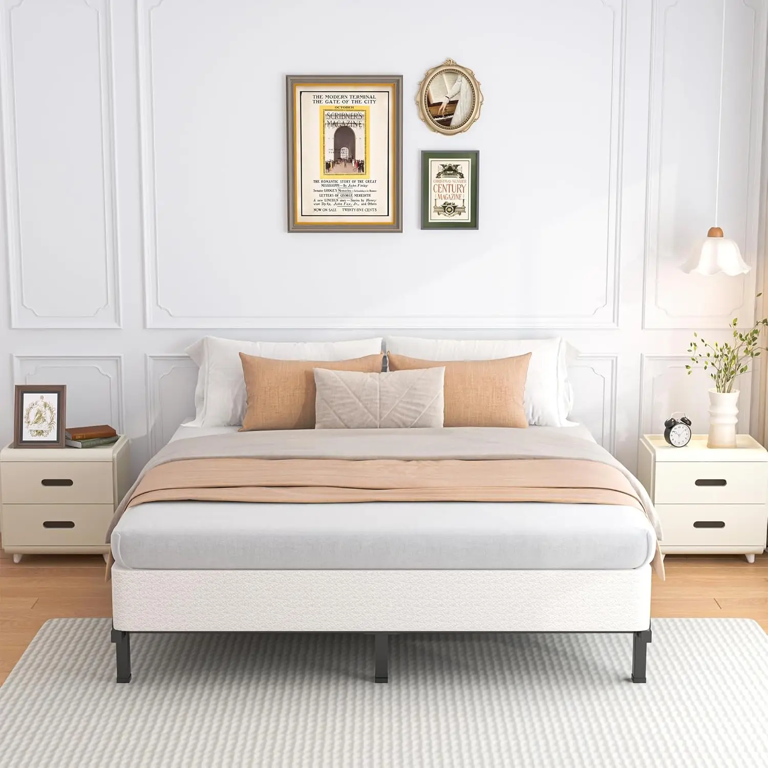 King Size Bed Application, Metal Material, Fabric Cover, 3500lbs Max Weight Capacity, Easy Assembly, Noise Free, Non-Slip