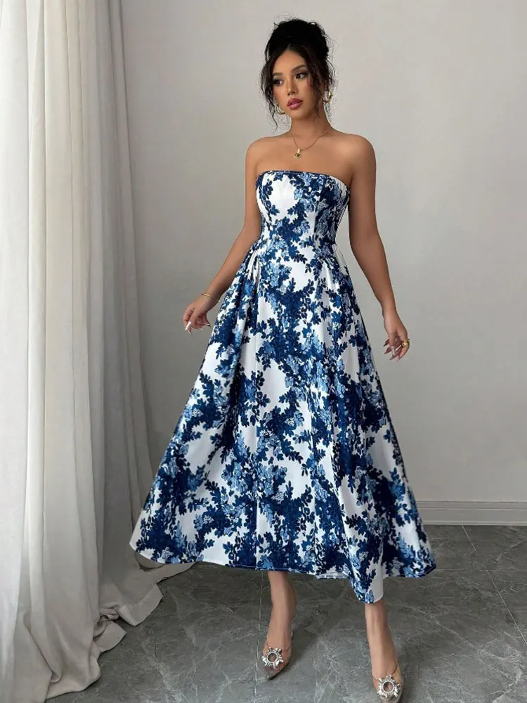Abiti lunghi floreali Boho da donna nuovi senza spalline smocked flowy vacanza al mare lungo prendisole eleganti abiti da festa abiti femminili