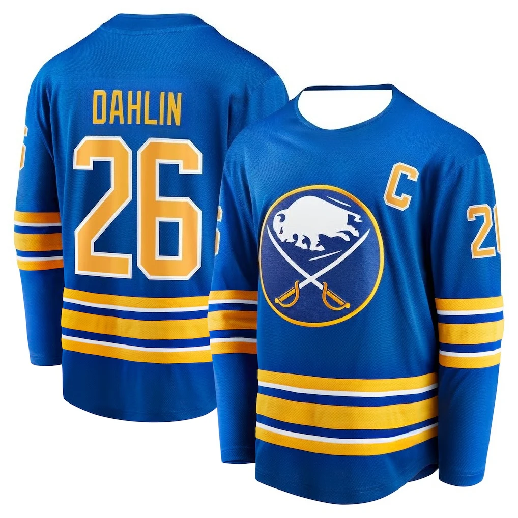 قميص الهوكي - أزرق مع لمسات صفراء/بيضاء "Dahlin 26" Captain "C" Buffalo Bison Logo Athletic Jersey 3d HD Prints
