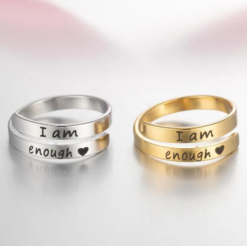 300pcs/lot  I am enough fashion engraving double stainless steel simple opening adjustable engraving ring