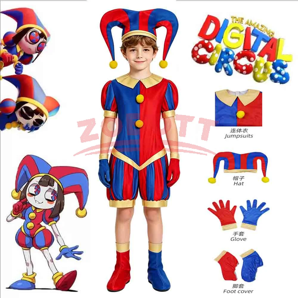 Anime Cosplay Jumpsuit mit Hut, Schuhüberzügen, Handschuhen, magische virtuelle Zirkus-Outfits für Halloween, Karneval, Zirkus, auf Lager