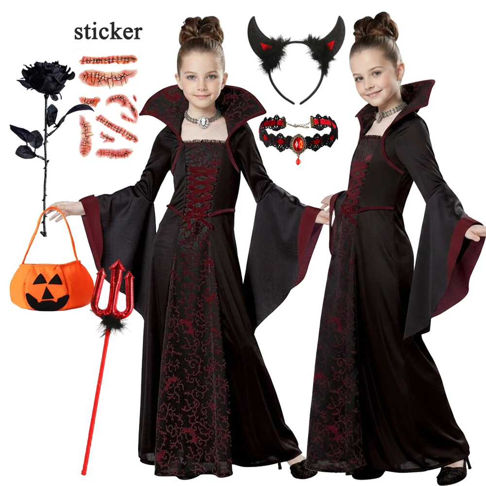 Girl Ghost Bride Halloween Cosplay Dress Up Performance Kid Gothic Black Evening Costume Kids Carnival Party Clothes Gifts