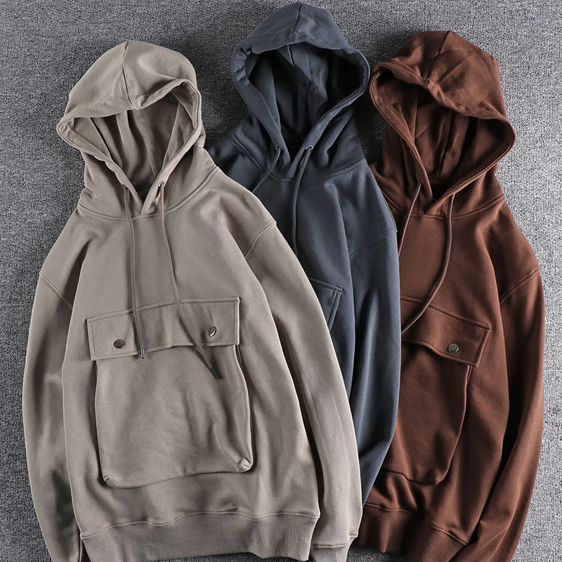 

Autumn New Japanese Retro 360g Heavyweight Knitted Pocket Hooed Hoodies Men's Fashion Pure Cotton Washed Old Casual Sweatshirt