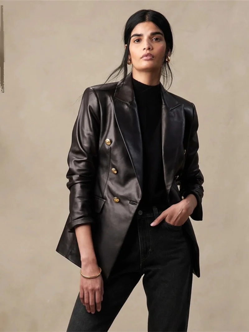 

Slim Fit eepskin Leather Jaet Women's Gold Buttons Notch Collar Suit Sle Long Sve Coat Commute Faion Spring 2023