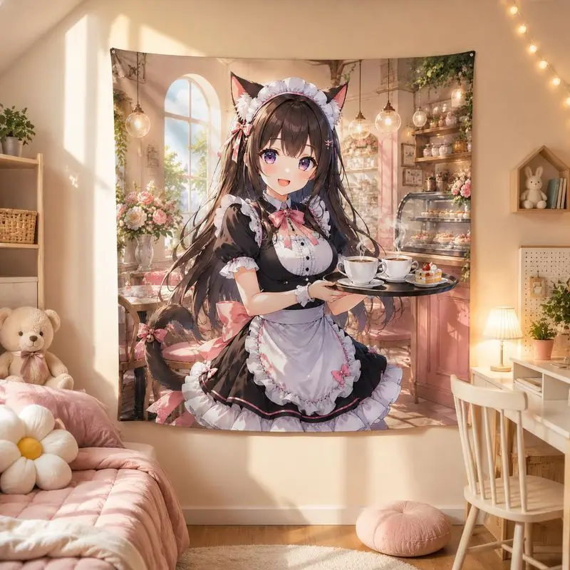 VIKAMA Cat Ear Maid Anime Tapestry, Kawaii Aesthetic Wall Hanging, Sweet Pastel Blanket for Girls Bedroom Dorm Decor