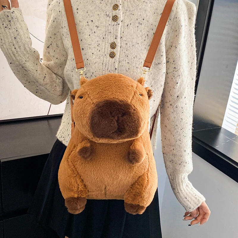 Mochila marrón de felpa para niñas, bolso cruzado de hombro suave, regalos para novia, Kawaii, Capybara, mochila pequeña de viaje