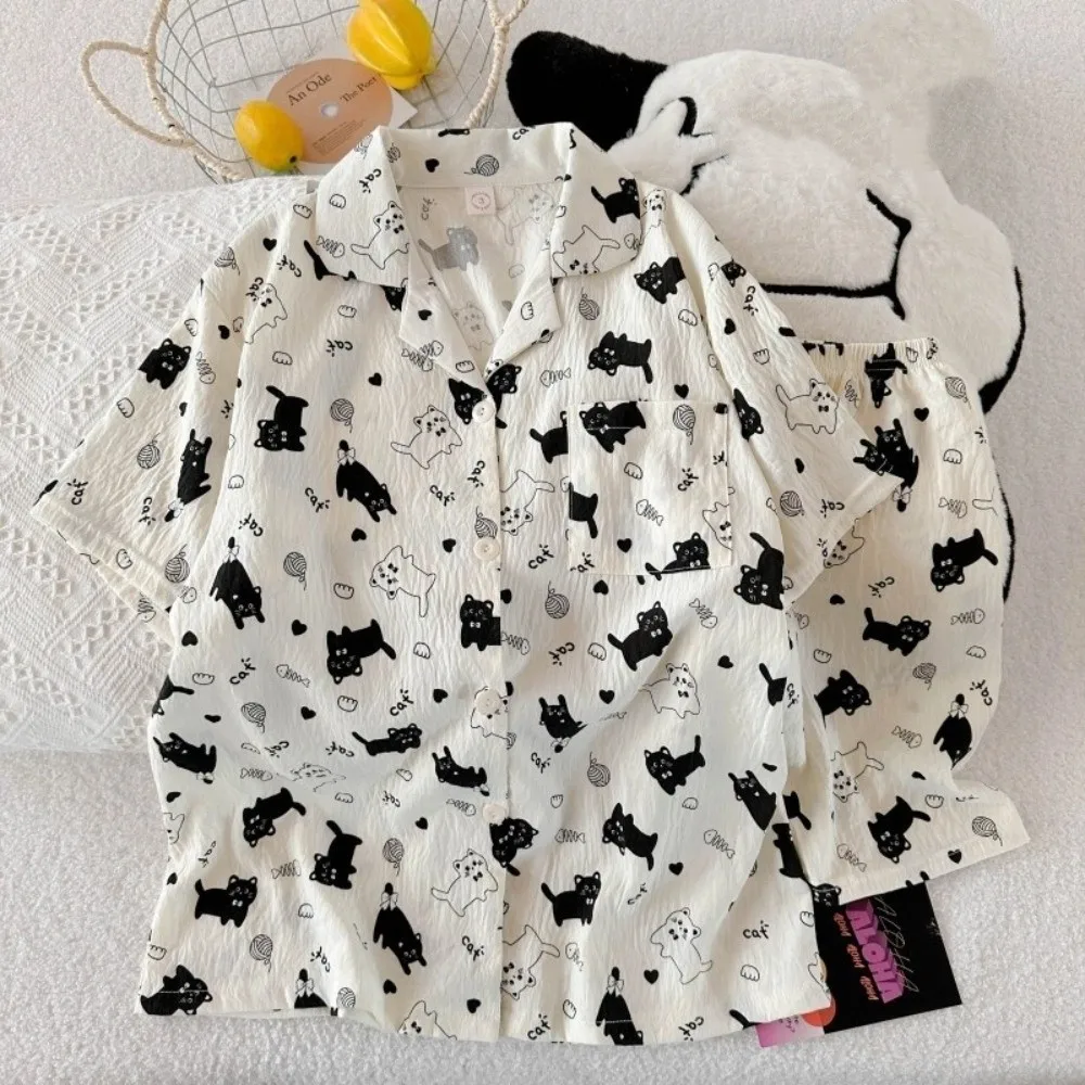 

Short Sleeve Cartoon Pajamas Set Dog Cat Kitten Puppy Cat Nightwear Casual Shorts Buttoned Shirt Two Piece Nightwears Women