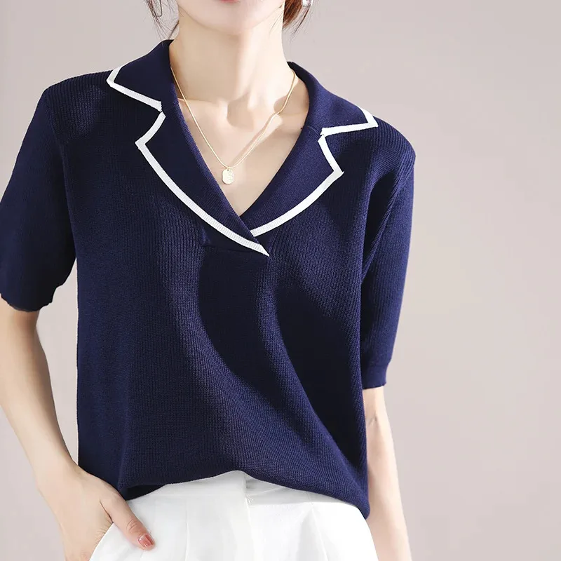

Summer New Knitted Tees Short-sleeved Women's Lapel Pullover Vest Casual Color Contrast Tops Female Sweater Jacket Half-sleeved