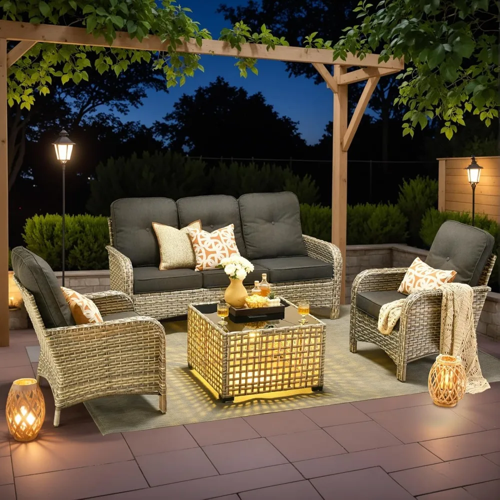 with Glowing Coffee Table 4-Piece Outdoor Patio Furniture Set,All Weather Wicker Rattan Patio Seating Sofa and Chair Set