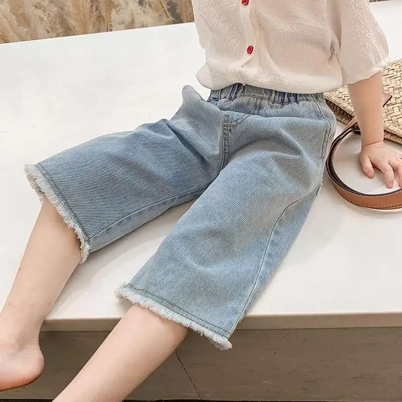 Girls Seven Points Denim Wide Leg Trousers Summer Thin Style Patchwork Lace Multiple Pockets Loose Kids Casual Mid Waist Pants