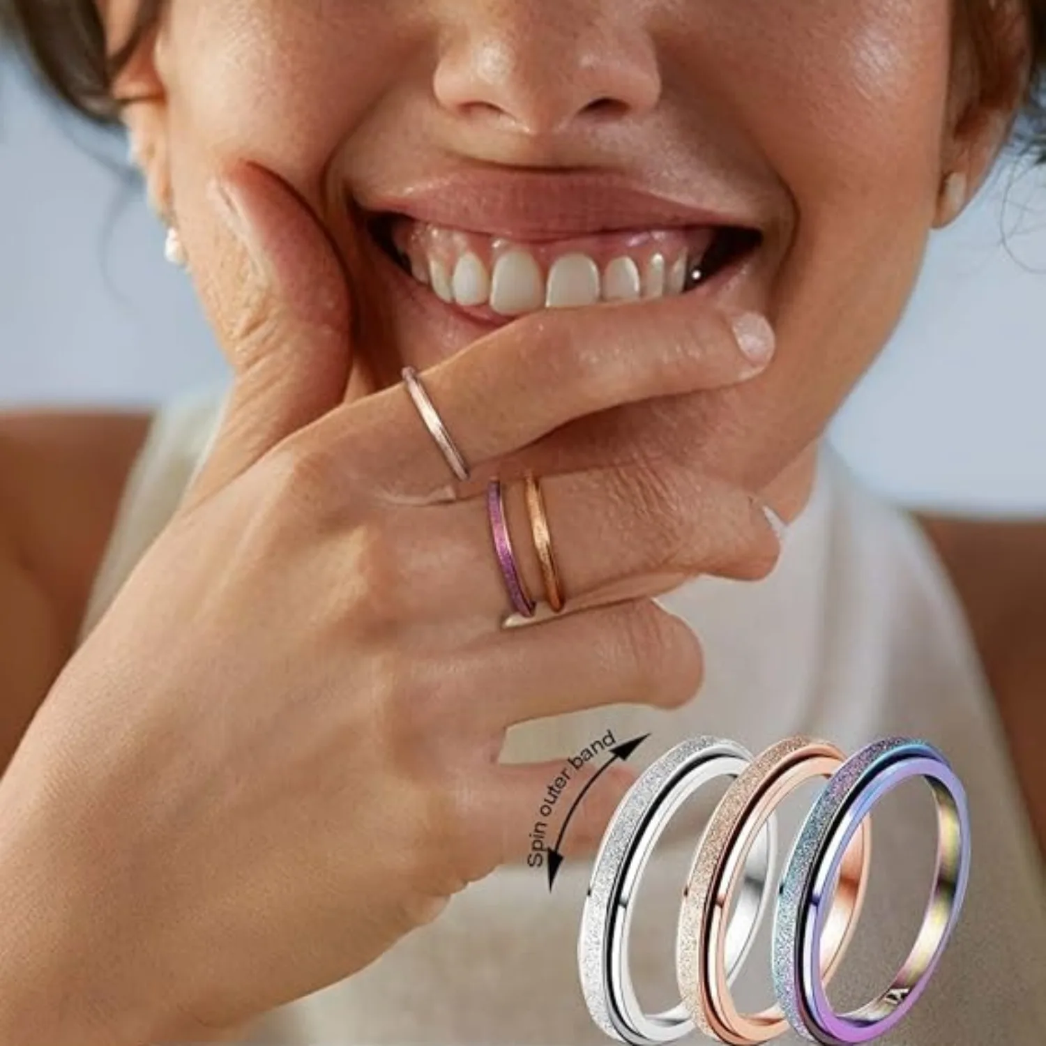 Bobisty 4Pcs Anxiety Ring for Women Men Stainless Steel Spinner Rings for Anxiety Relief Items Sandblast Glitter Finish Size 5-9